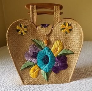 Vintage Straw Handbag with Raffia Flowers